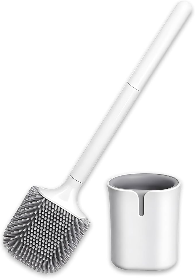 Silicone RV Toilet Bowl Brush and Holder Set, Wall Mount Camper Toilet Brush for Travel Trailer/Camper Bathrooms, Convenient for Cleaning Toilet and Cracks. (Gray-White)