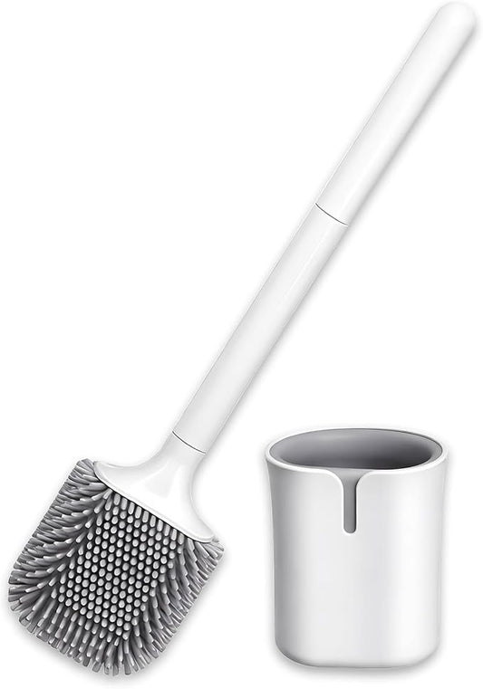 Silicone RV Toilet Bowl Brush and Holder Set, Wall Mount Camper Toilet Brush for Travel Trailer/Camper Bathrooms, Convenient for Cleaning Toilet and Cracks. (Gray-White)
