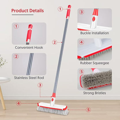Floor Scrub Brush with Long Handle, Scrubbing Brush Squeegee Broom for Cleaning, 2 in1 Stiff Bristle Shower Scrubber Floor Squeegee for Pool Wall Tile(White)