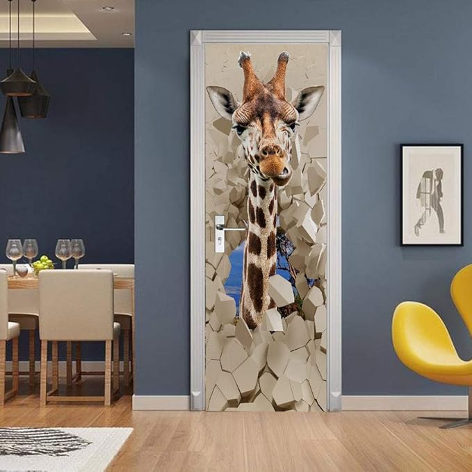 Door Wallpaper Self-Adhesive Poster 3D Picture Giraffe Film Photo Wallpaper Premium PVC Waterproof Sticker Wall Sticker for Bedroom Living Room Decoration Stickers 88 x 200 cm