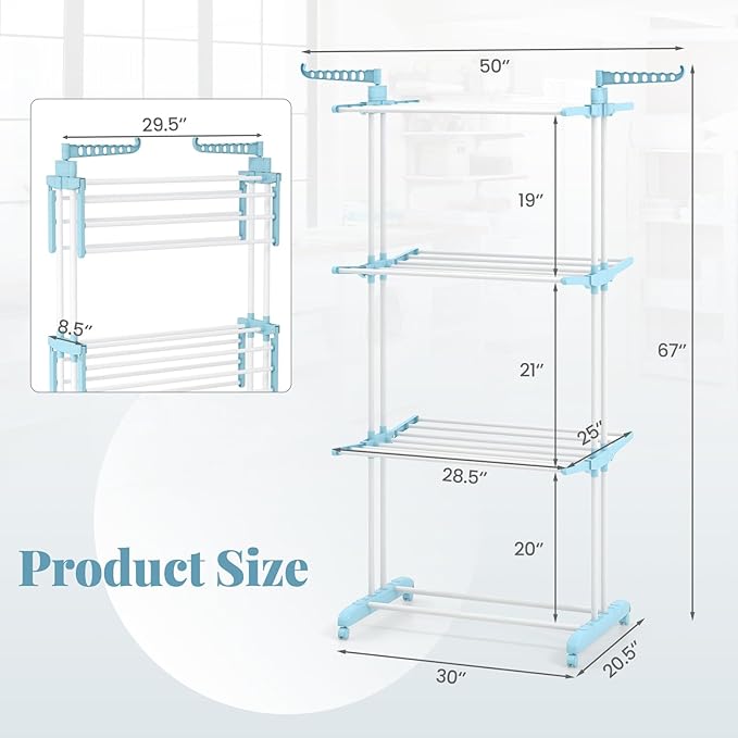 Tangkula 4-Tier Foldable Clothes Drying Rack, Oversized Drying Rack w/Lockable Wheels & Rust-Proof Metal Frame, Indoor Outdoor Large Drying Hanger w/Adjustable Gullwings, Movable Laundry Hanger