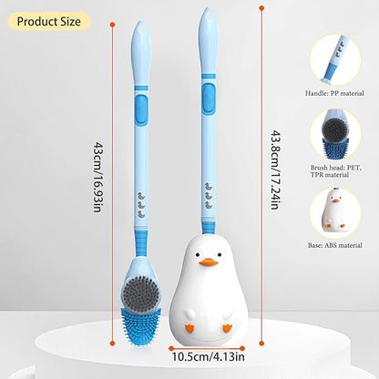 Silicone Toilet Brush with Holder, 16.7inch Cute Duck Toilet Brush with Refillable Liquid Handle, Three-Sided Brush Toilet Cleaning Brushes for Bathroom Deep Cleaning, Standard, Blue