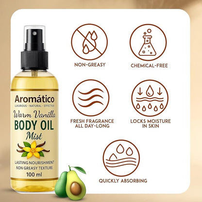 Aromatico Warm Vanilla Mini Body Oil Mist for Women | Lightweight, Non-Sticky, Spray-on formula for Daily use After Shower | Moisturized, Soft, Glowing Skin | Cozy, Creamy Vanilla Scent - 4 Fl Oz