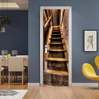 3D Self-Adhesive Door Wallpaper - Wooden Stairs Design Premium PVC Waterproof Wall Sticker for Bedroom Living Room Decoration 90 x 200 cm