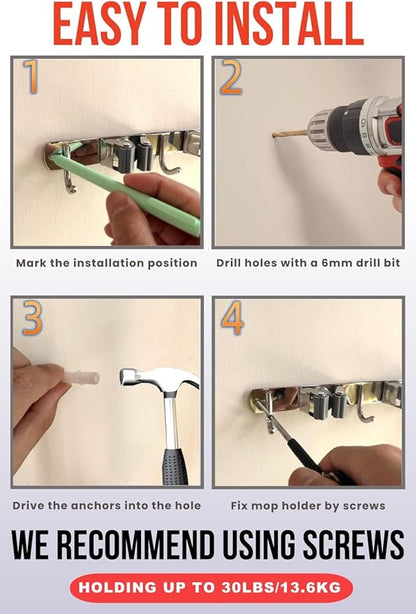 2 Pack Mop and Broom Holder Wall Mount, Upgraded Broom Hanger Wall Mount, Stainless Steel Broom Organizer for Closet Garage Laundry Room Kitchen Wall Decor Black 5R4H