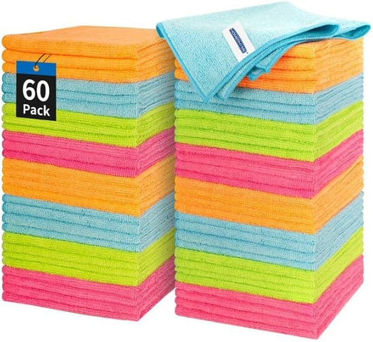 HOMERHYME Microfiber Cleaning Cloth - 60 Pack Shop Towels, 12" x 12" Cleaning Rags Lint Free, Reusable Microfiber Towels for Cars Kitchen Automotive House Office