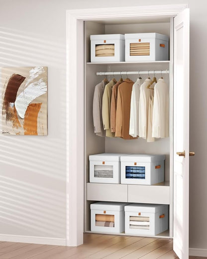 Storage Bins with Lid – Closet Organizer with Side Opening and Clear Window, Foldable Stackable Fabric Basket for Clothes, Home, Office - 13.77" x 11.8" x 9.8", 6 Pack, White