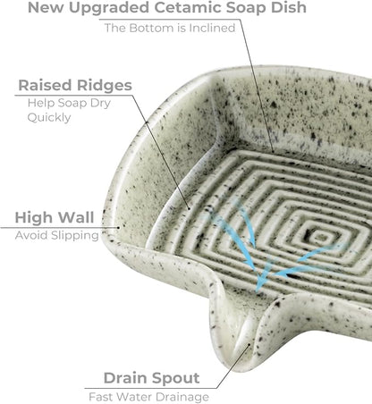 Self Draining Soap Dish, Ceramic Drain Soap Holder Waterfall Design Soap Saver for Shower, Bathroom, Sink, Kitchen and Countertop, Keeps Dry, Speckled Glaze