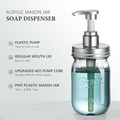 Amolliar Plastic Mason Jar Soap Dispenser with Pump Lid,16OZ Refillable Hand Soap Dispenser Set with Cute Lables - Farmhouse Decor for Kitchen Bathroom, Liquid Soap, Dish Soap, Lotion (2 Pack, Silver)