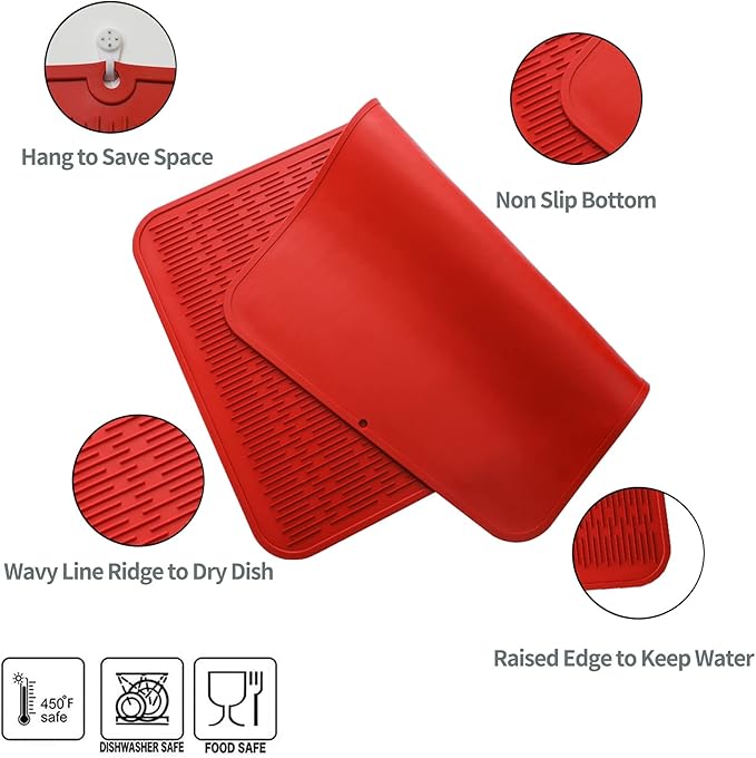 MicoYang Silicone Dish Drying Mat for Multiple Usage,Easy clean,Eco-friendly,Heat-resistant Silicone Mat for Kitchen Counter or Sink,Refrigerator or Drawer Liner Red 3XL 28 inches x 18 inches