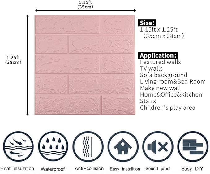 10 PCS Pink 3D Wall Panels, 14.5 sq.feet Coverage, Printable Wallpaper Sticker with Self-Adhesive Waterproof Brick PE Foam Wall Panels Peel and Stick for Interior Wall Decor Home Decoration