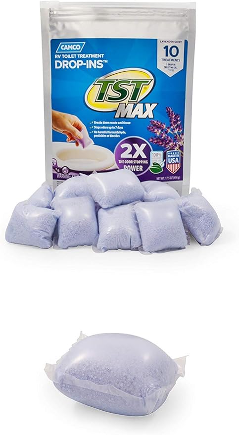 Camco TST MAX RV Toilet Treatment Drop-INs - Control Unwanted Odors and Break Down Waste and Tissue - Septic Tank Safe - Lavender Scent - 10-pack (41556)