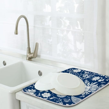 Dish Drying Mats with Hanging Loop for Kitchen Counter - Super Absorbent & Microfiber Sink Dry Mat with Paisley Floral Paisley Floral, Non-Slip Backing, Dishes, Sink, Countertop Protection 18"x24"