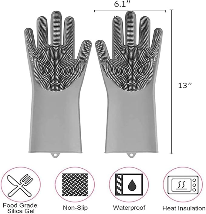 Magic Silicone Dishwashing Scrubber, 2 in 1 Reusable Rubber Gloves, Heat Resistant Kitchen Tool for Household, Dish Wash, 2 Count (Pack of 1), Gray