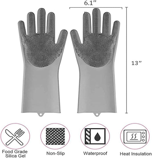 Magic Silicone Dishwashing Scrubber, 2 in 1 Reusable Rubber Gloves, Heat Resistant Kitchen Tool for Household, Dish Wash, 2 Count (Pack of 1), Gray