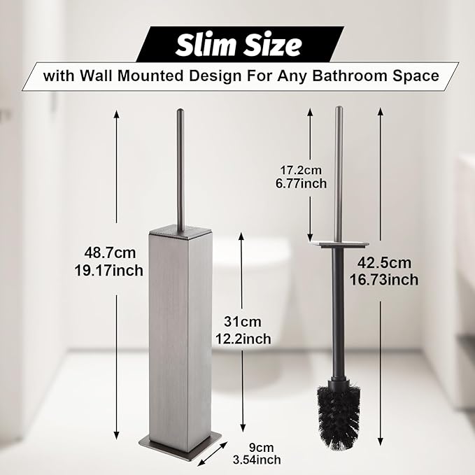 BGL Toilet Brush with Holder Set Brushed Nickel Aluminium Standing for Bathroom Toilet Bowl Cleaner Brush and Holder Set, Square Design