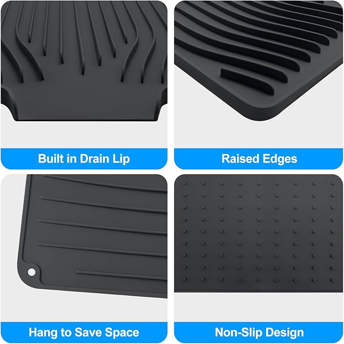 Silicone Dish Drying Mat for Kitchen Countertops and Sinks,19 x13.7 Inch Non Slip Heat Resistant Mat with Built In Drainage System,For Refrigerator and Drawer Liners (black, 19 x13.7 Inch)