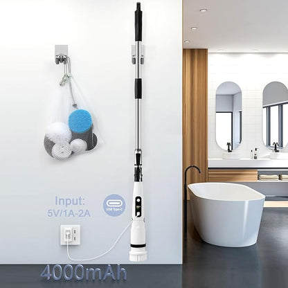 IEZFIX Electric Spin Scrubber, Bathroom Cleaning Brush, Shower Scrubber with Long Handle Adjustable, Cordless Cleaner Brush for Bathtub Kitchen Wall Household Cleaning Helper