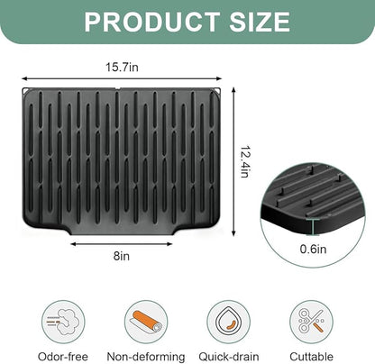 Silicone Kitchen Countertop Dish Drying Mat with Water Collection Tray Non-Slip Pad ( Black)