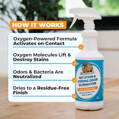 FurryFreshness Extra Strength Cat or Dog Pee Stain & Permanent Odor Remover + Smell Eliminator -Removes Stains from Pets & Kids Including Urine or Blood- Lifts Old Carpet Stains- (Gallon)