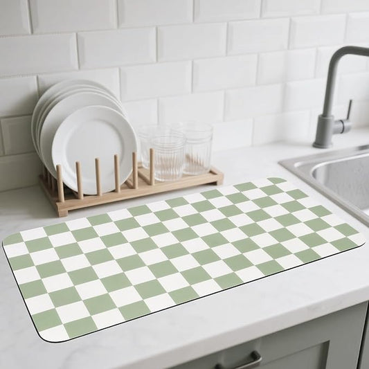 CooRug Checkered Dish Drying Mat for Kitchen Counter, Absorbent Non-Slip Coffee Mat, Heat Resistant Mat for Countertops Coffee Bar Decor 17" x 32" Green