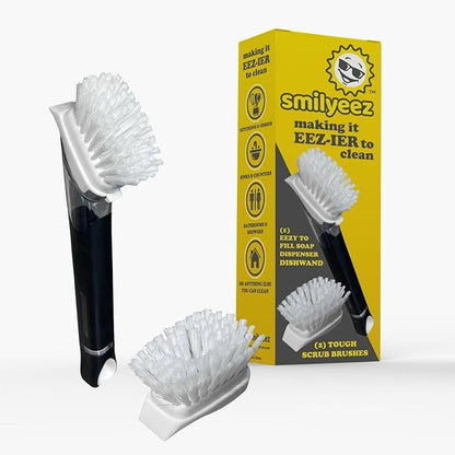 Smilyeez Soap Dispensing Dishwand (Black) with Ergonomic Handle and 2 Interchangeable Brushes - Effortless Cleaning and Long-Lasting Durability - Kitchen and Dishwashing Essential