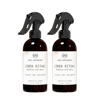 Muse Apothecary Linen Ritual - Aromatic, Soothing, and Relaxing Linen Mist, Laundry and Fabric Spray - Infused with Aromatherapy Essential Oils - 4 oz, Tonka Bean + Amber + Warm Cedarwood, 2 Pack