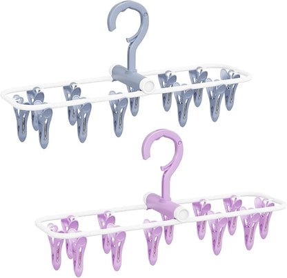 Clothes Drying Hanger with 12 Clips, 2 Pack Folding Portable Hanging Drying Rack,Drip Foldable Hanging Rack, 360° Rotatable Hook for Drying Towels Bras Baby Clothes Gloves Plastic(Blue&Purple)