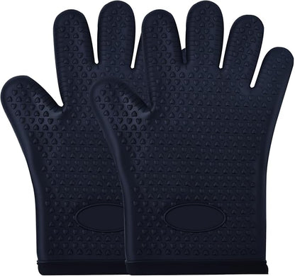 Silicone Oven Mitts Heat,1 Pair Non-Slip Five-Finger Oven Gloves, Waterproof Flexible BBQ Grilling Gloves with Hanging Loops, Kitchen Mitts for Baking Cooking Frying (Black)