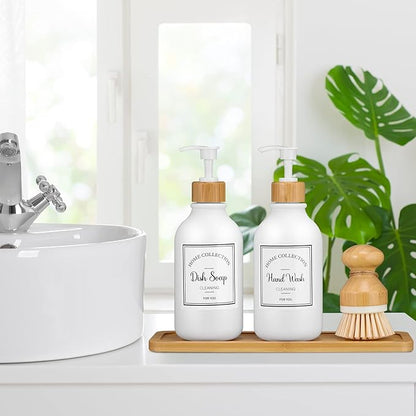 Zopeal 4 Pcs 16 oz Kitchen Soap Dispenser Set with Bamboo Tray and Dish Brush Plastic Soap Dispenser Set with Waterproof Labels for Hand Dish Lotion(Frosted White)
