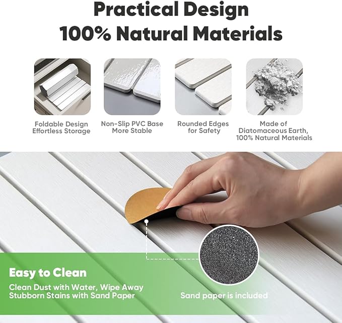 Stone Dish Drying Mat for Kitchen Counter - 24" x 16" Ultra Absorbent Diatomaceous Earth Mat, Fast Drying & Foldable Countertop Protector, Non-Slip Eco-Friendly Stone Mat for Dishes