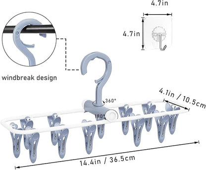 Aolloa Clothes Drying Hanger with 12 Clips, 2 Pack Folding Portable Hanging Drying Rack,Drip Foldable Hanging Rack, 360° Rotatable Hook for Drying Towels Bras Baby Clothes Gloves Plastic(Blue&Green)
