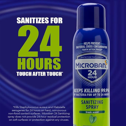 MICROBAN Sanitizing Spray, 15 oz., 2 Pack, Fresh Scent, Disinfects, Sanitizes, Eliminates Odors, and Keeps Killing 99.9% of Bacteria on Hard, Non-Porous Surfaces in Home for up to 24 Hours