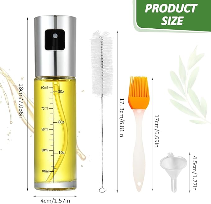 Olive Oil Sprayer for Cooking, 100ml Glass Oil Mister Bottle for Air Fryer, BBQ, Salad & Baking – Fine Mist, Leak-Proof Stainless Steel Dispenser with Brush, Funnel & Cleaning Kit (1 Pack)