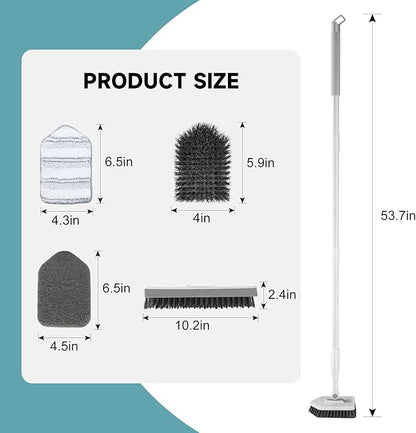 nacena Shower Scrubber with Long Handle, 4 in 1 Tile Tub Scrubber Brush with 3 Detachable Cleaning Heads and V-Shaped Grout Brush Shower Cleaner Brush for Bathroom Kitchen Toilet Tub Sink, Grey White