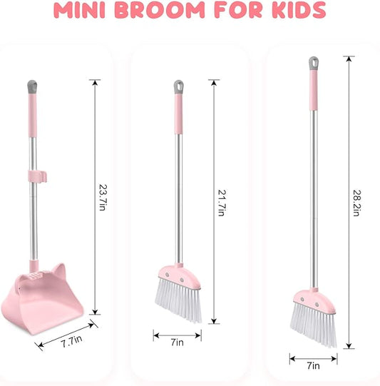 Mini Broom with Dustpan for Kids, 28-in Handle Kids Broom and Dustpan Set for Toddlers Cat-Shaped Children Broom and Cleaning Set Boys Girls Small Housekeeping Helper Set, Pink