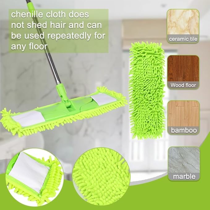 4Pcs Soft Flat Mop Refill Pads, High Absorption Cloth for Multi-Surface Floor Cleaning, 15.35-inch Board Compatible, Green