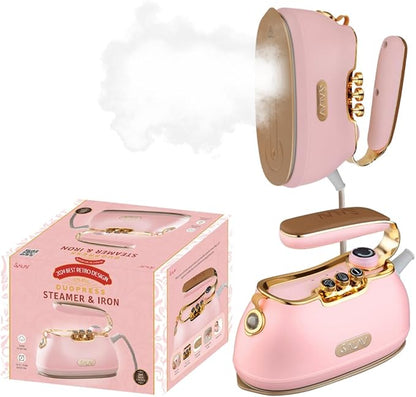 SALAV® Retro Edition Duopress Handheld Garment Steamer & Iron, Ceramic Plate, 1000W, No Drip Steam, Vertical & Horizontal Steam, Rose - Removes Wrinkles & Refreshes Clothes, Vintage Style