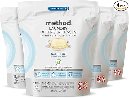 Method Laundry Detergent Packs; Fragrance Free + Clear; Stain Remover that Works in Hot & Cold Water; 42 Packs per Bag; 4 Pack (168 Loads); Packaging May Vary