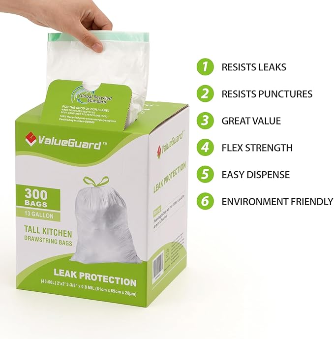 ValueGuard Large Trash Bag 13 Gallon Tall Drawstring 100% Post-Consumer Recycled Garbage Bag Waste Bag for Kitchen Office 0.8 Mil (300 Count)