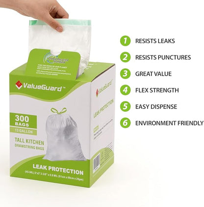 ValueGuard Large Trash Bag 13 Gallon Tall Drawstring 100% Post-Consumer Recycled Garbage Bag Waste Bag for Kitchen Office 0.8 Mil (300 Count)