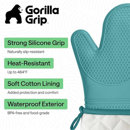 GORILLA GRIP BPA-Free Soft Silicone Oven Mitts, 14.5x8.3, Heat Resistant and Waterproof Cooking Gloves, Thick Cotton Lining, Flexible Gripping for Baking Grilling, Kitchen Potholders Set, Turquoise