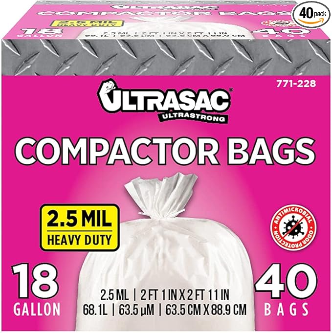 Ultrasac Trash Compactor Bags - (40 Pack with Ties) 18 Gallon for 15 inch Compactors - 25" x 35" Heavy Duty 2.5 MIL Garbage Disposal Bags Compatible with Kitchenaid Kenmore Whirlpool GE Gladiator