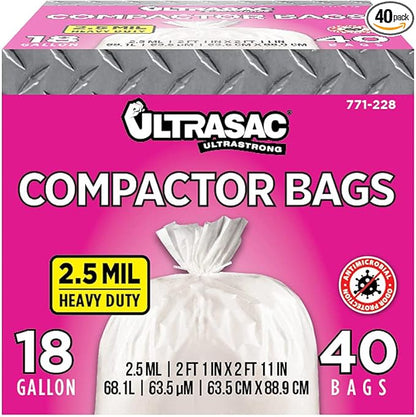Ultrasac Trash Compactor Bags - (40 Pack with Ties) 18 Gallon for 15 inch Compactors - 25" x 35" Heavy Duty 2.5 MIL Garbage Disposal Bags Compatible with Kitchenaid Kenmore Whirlpool GE Gladiator