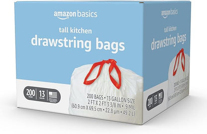 Amazon Basics Scented Trash Bags, Tall Kitchen Drawstring, Clean Fresh Scent, 13 Gallon, 200 Count, Pack of 1