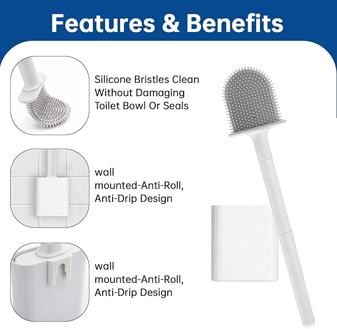 RV Essentials, RV Toilet Brush, Toilet Brush Silicone Won't Damage Toilets, Wall Mounted Toilet Brush White-Anti-Roll, Anti-Drip Design, Suitable for RV Travel Trailers and Campers, Camper Must Haves