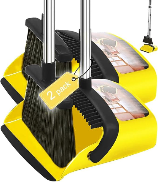 2-Pack is More economical,Brooms with Dustpan Combo Set， with 52" Long Handle, Dustpan Teeth with self-Cleaning Function, Indoor and Outdoor Sweeping, Perfect for Home Office(Large/Yellow /2-Pack).