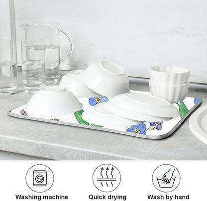 Blue Forget-me-not Flowers Dish Drying Mat for Kitchen Counter 16x18 inch Super Absorbent Drying Mat Large Dish Drying Mats for Kitchen Countertop Protector Dishes Pad