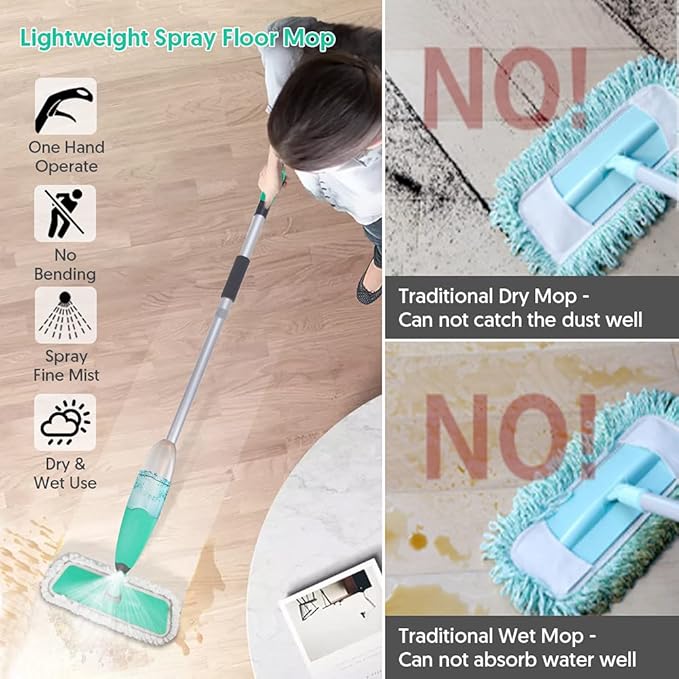 Spray Mop for Floor Cleaning, TINA&TONY Microfiber Hardwood Dry Wet Kitchen Mop with 3 Washable Pads & 635ML Refillable Bottle, Dust Mop with Sprayer for Laminate Tile Vinyl Floors, Green