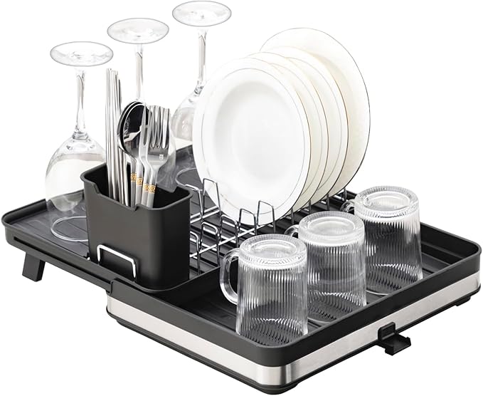 Sineng Expandable Dish Drying Rack,Stainless Steel Foldable Dish Rack with Cutlery Holder,Multifunctional Compact countertop Dish Drainer,Space Saving extendable Big Capacity Dish Holder